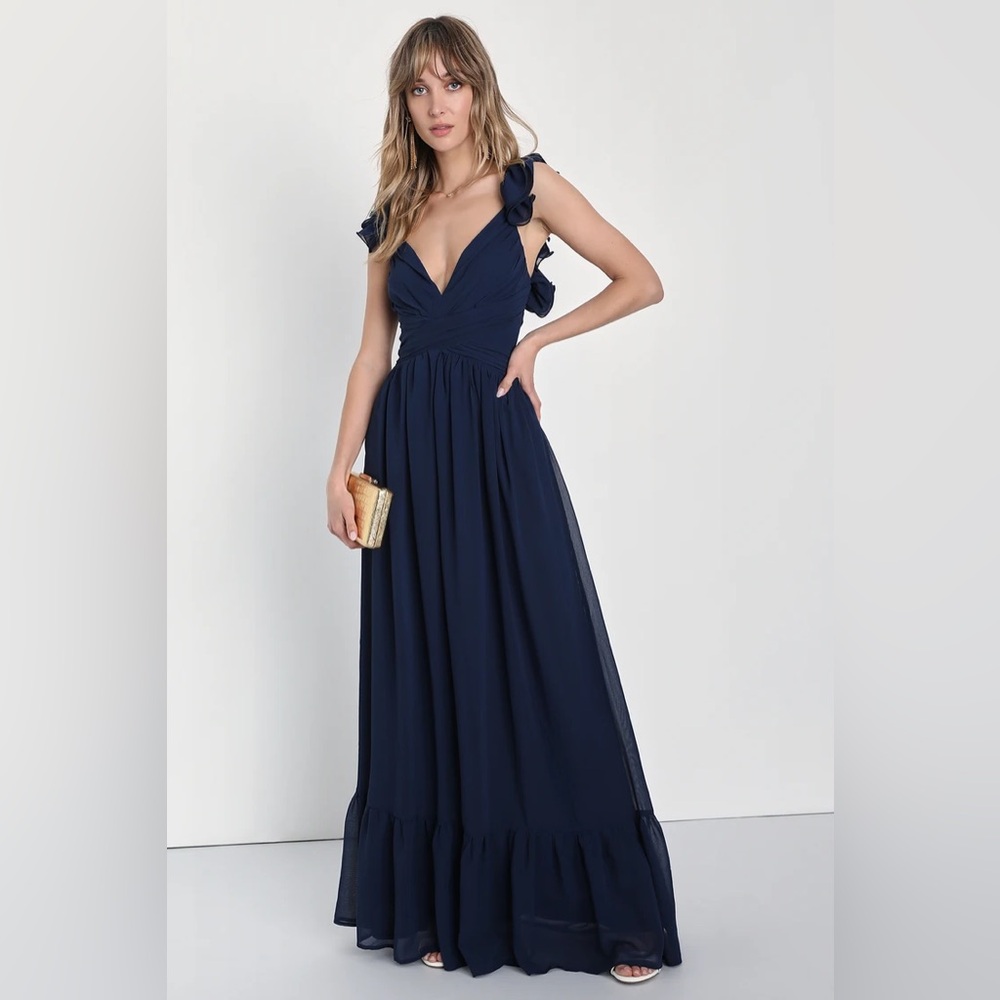 Soiree Celebration Navy Blue Ruffled Plunge Lace-Up Cut Out Maxi Dress